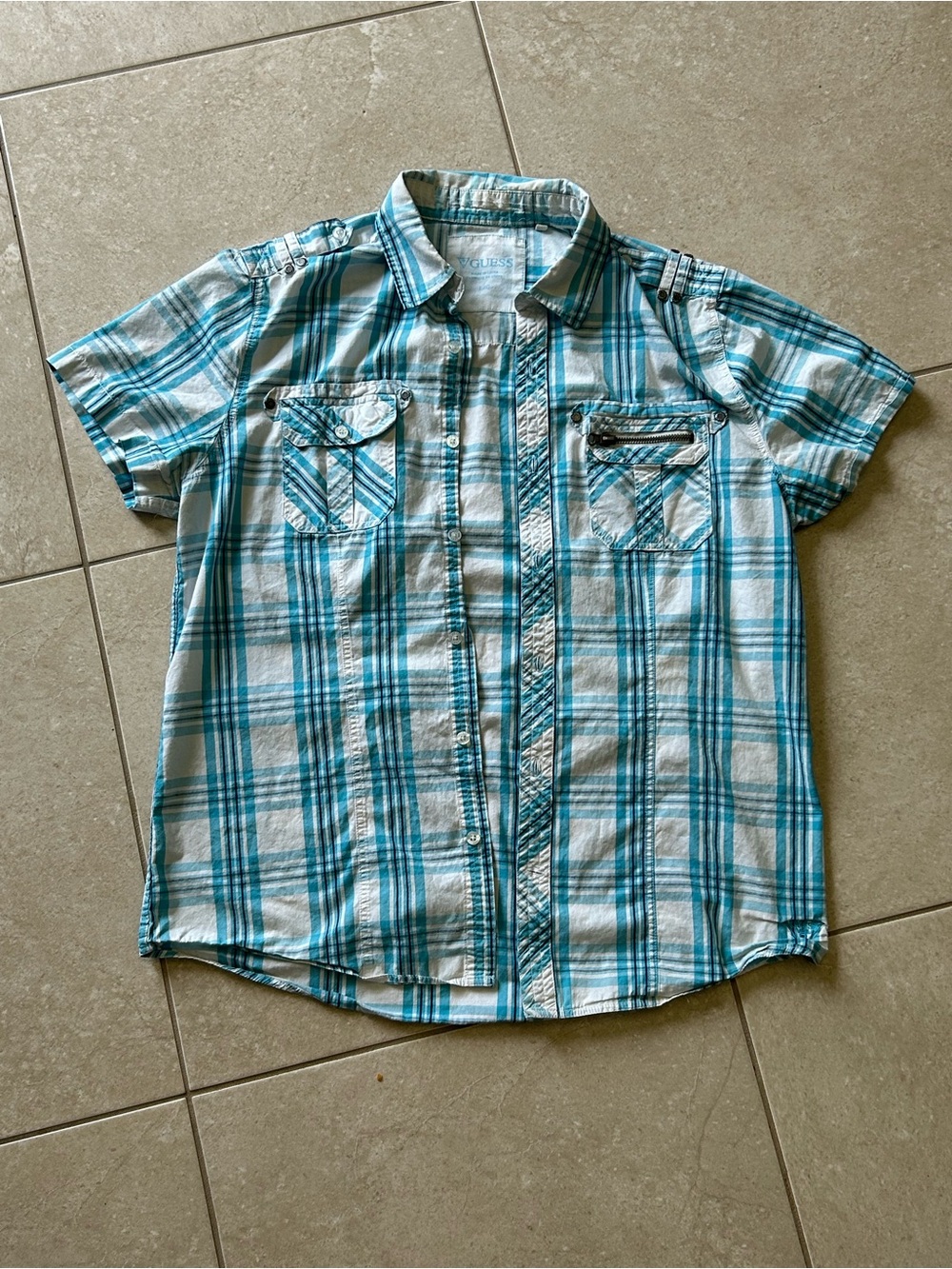 Guess Men’s Short-Sleeve Teal and White Plaid Button-Down Shirt